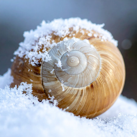 A delicate snail shell rests peacefully in a blanket of fresh snow, dusted with sparkling ice crystals.の素材