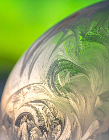 A mesmerizing macro view of delicate ice crystals forming intricate, swirling patterns on a cold surface.の素材