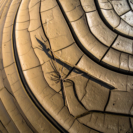 A macro view reveals the intricate, concentric patterns of deeply cracked earth, a testament to a prolonged drought.の素材