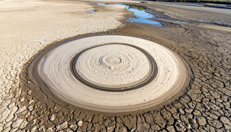 In a desolate, sun-baked landscape, a mud volcano slowly bubbles, creating perfect concentric rings on its surface.の素材