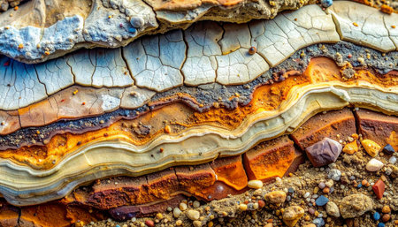 A macro view reveals the intricate and colorful layers of a geological formation.の素材