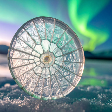 An intricate, glass-like sculpture resembling a diatom rests on a frozen landscape, its delicate patterns catching the light.の素材