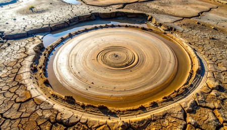 A close-up view of an active mud volcano, its liquid center creating mesmerizing concentric ripples.の素材