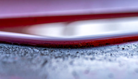 A macro perspective reveals a vibrant red line curving gracefully over a rough, textured surface.の素材