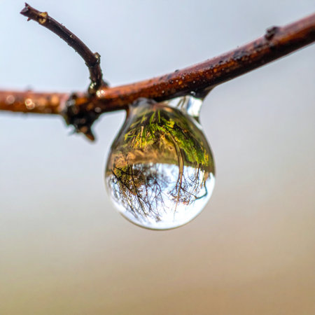 A single, perfect droplet of water clings to a branch, acting as a natural crystal ball.の素材