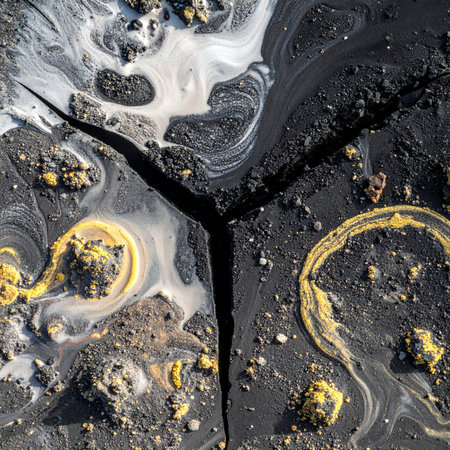 An aerial view captures the stark beauty of a fractured landscape.の素材