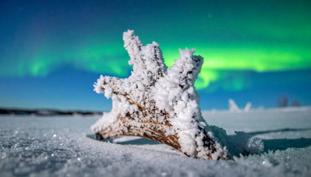 A lone piece of frosted driftwood stands as a silent witness to the magical dance of the aurora borealis across the arctic night sky.の素材
