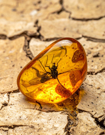 A perfectly preserved insect is frozen in time within a polished piece of ancient amber.の素材