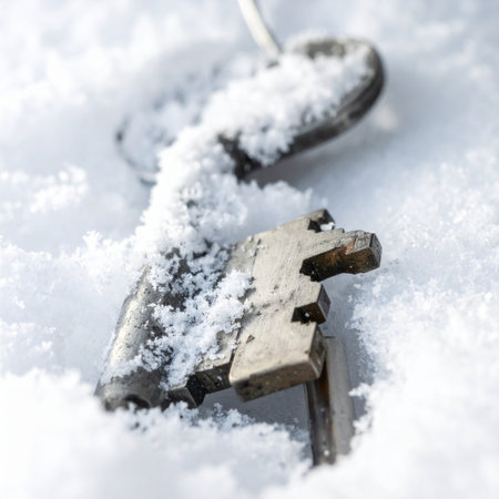 An old, antique key lies partially buried in a fresh blanket of white snow. This lost object, waiting to be discovered, evokes a sense of mystery and forgotten secrets.の素材