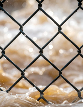 A close-up view through a chain-link fence captures the raw power of turbulent, muddy floodwaters.の素材