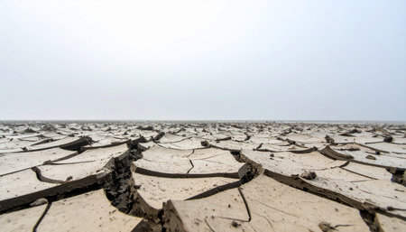 A low-angle view captures the intricate patterns of a vast, cracked desert floor stretching towards a pale, empty horizon.の素材