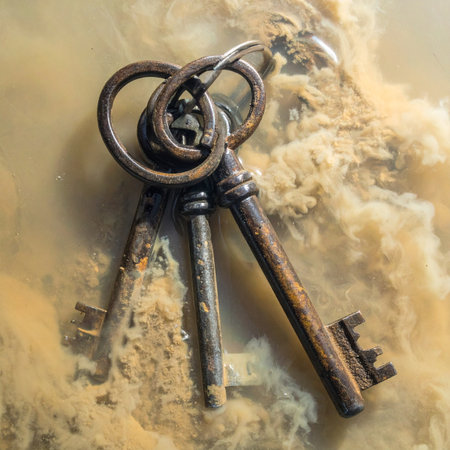 A cluster of old, rusty skeleton keys lies partially buried in the sand, as if recently unearthed.の素材