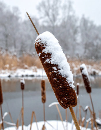 A close-up view captures the quiet beauty of the first winter snowfall.の素材