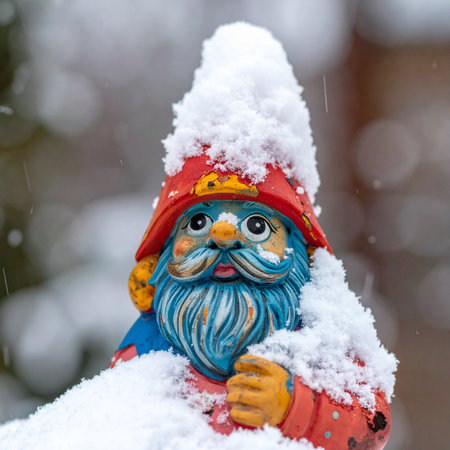 A cheerful garden gnome, with his bright red hat and blue beard, stands resiliently in the quiet cold.の素材