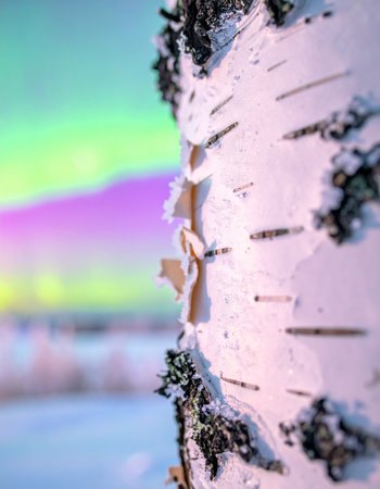 A close-up view of a white birch tree trunk stands against a dreamy, out-of-focus background where the vibrant colors of the Aurora Borealis paint the sky.の素材