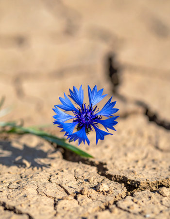 A single, vibrant blue cornflower defiantly blooms amidst the harsh, cracked earth of a parched landscape.の素材