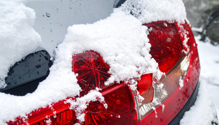 A close-up view of a car's red taillight blanketed in a thick layer of fresh snow after a winter storm.の素材