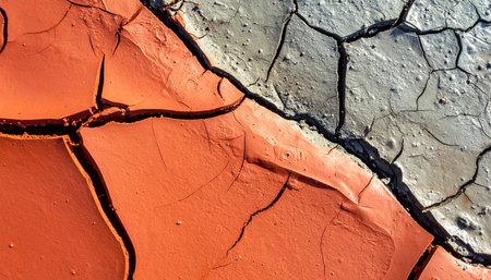 A stark diagonal line separates vibrant orange pigment from pale, barren earth, both fractured by deep cracks.の素材
