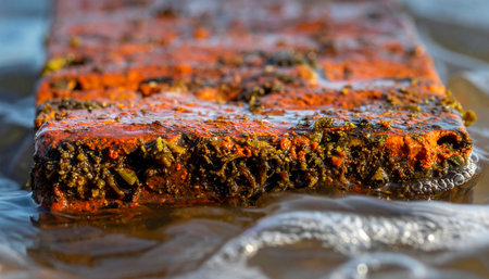 A detailed macro shot captures the vibrant colors and rich, rustic texture of a handcrafted artisanal terrine.の素材