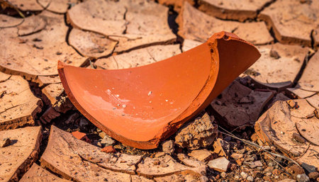 A single shard of broken terracotta pottery lies abandoned on the parched, cracked earth, a poignant symbol of drought, loss, and the passage of time.の素材