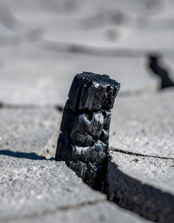 A lone charred wooden post stands as a stark monument in a desolate, ash-covered landscape.の素材