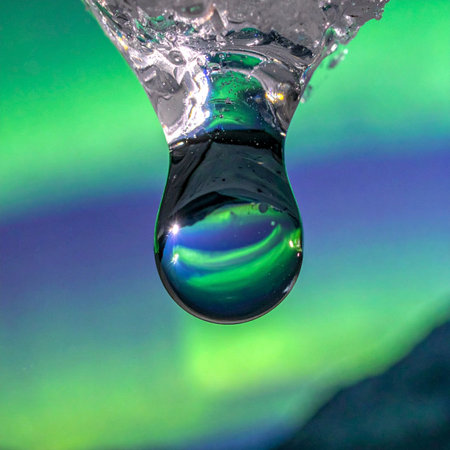 A single droplet of water, suspended from melting ice, captures the ethereal dance of the Aurora Borealis.の素材