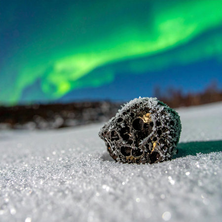A mysterious, porous celestial stone, possibly a meteorite, rests on a bed of sparkling ice crystals.の素材