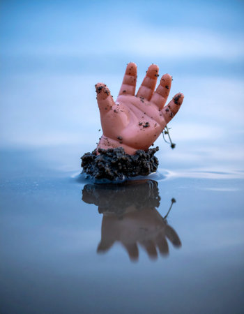 A small child's hand, smudged with wet sand, breaks the still surface of the water, its perfect reflection mirrored below.の素材