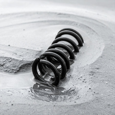 A single black metal spring rests in a pool of gritty water, its coiled form reflecting the stark, monochrome light.の素材
