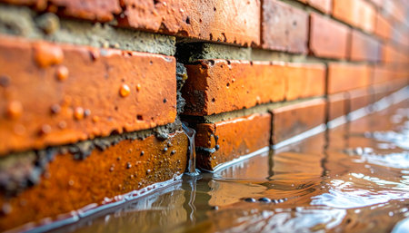 A close-up perspective shows a red brick foundation wall partially submerged in murky floodwater.の素材
