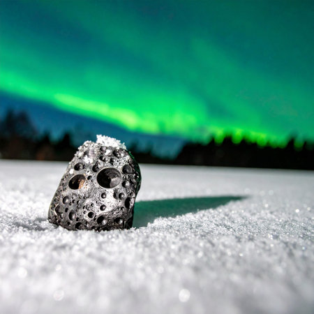 A mysterious, cratered meteorite rests on a pristine blanket of snow, having just completed its long journey through the cosmos.の素材