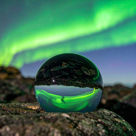 A crystal ball rests on ancient rocks, capturing and inverting the ethereal dance of the aurora borealis.の素材