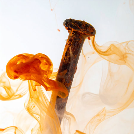 An old, rusty nail submerged in clear liquid begins to dissolve, releasing a dramatic cloud of orange and brown.の素材