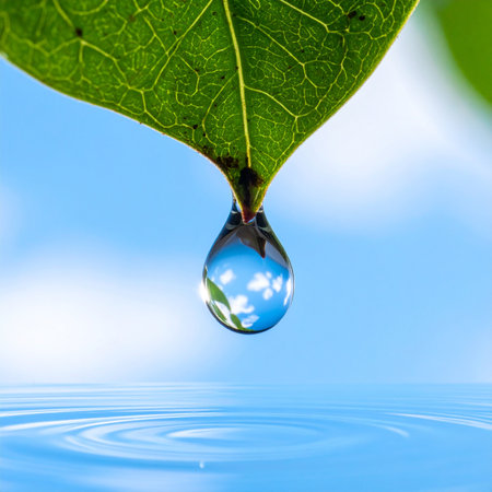 A single, perfect drop of water clings to the tip of a vibrant green leaf, holding a crystal-clear reflection of the serene blue sky.の素材