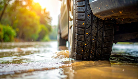 A vehicle carefully makes its way through a flooded street after a heavy downpour.の素材