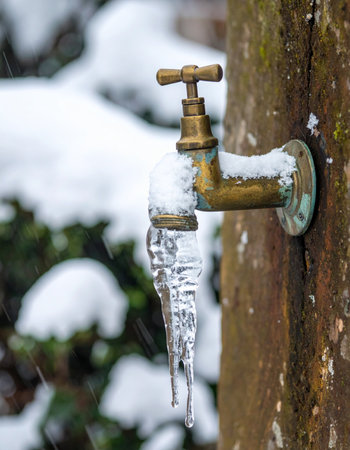 A stark reminder of winter's power, an outdoor brass tap is frozen solid, encased in snow with a large icicle hanging from its spout.の素材