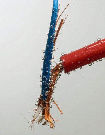 A close-up view captures the dynamic reaction of electrolysis as electrical current passes through exposed copper wires submerged in water.の素材