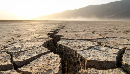 A deep fissure splits the parched desert floor, a stark testament to extreme heat and prolonged drought.の素材