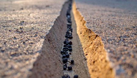 A low-angle, macro view captures a deep fissure in the earth, filled and mended with dark tar.の素材