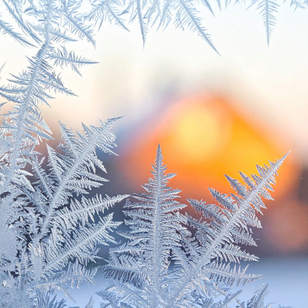 Intricate ice crystals create a delicate, frosty pattern on a cold window pane.の素材