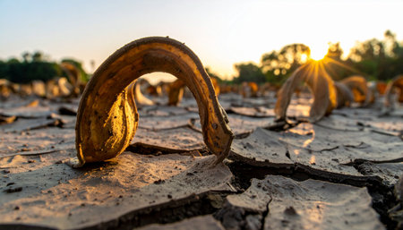 As the sun sets over a parched and cracked landscape, a lone, dried plant stem arches against the warm light.の素材