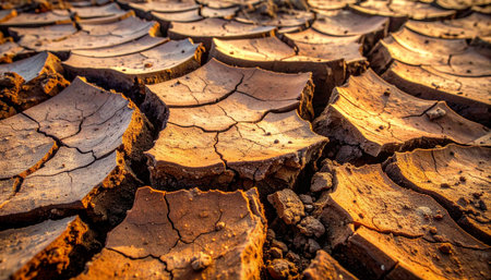 Bathed in the warm glow of a setting sun, the parched earth fractures into a mosaic of deep cracks.の素材