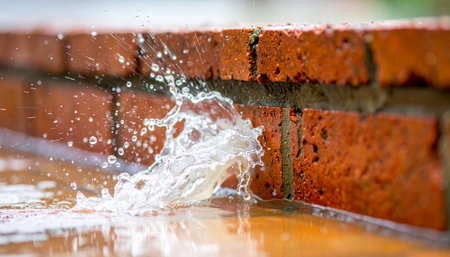 A powerful splash of water makes a dramatic impact against a red brick wall, capturing a moment of intense force.の素材