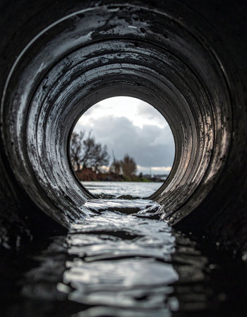 From the dark, textured interior of an industrial drainage pipe, a stream of water flows out towards the light.の素材