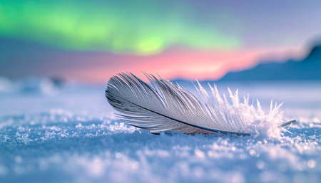 A single, delicate feather rests upon a crystalline bed of ice, a symbol of lightness and peace.の素材