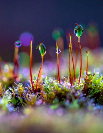 Step into a miniature, enchanted world where tiny moss sporophytes reach for the sky, each crowned with a glistening droplet of morning dew.の素材