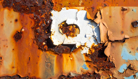 Layers of time are captured in this close-up of a corroded metal surface.の素材
