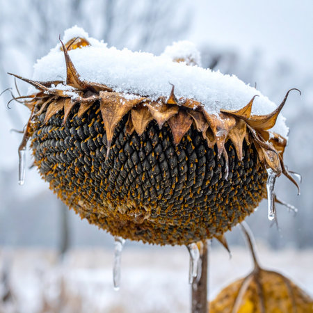 A lone, withered sunflower bows its head under the weight of the first winter snow.の素材