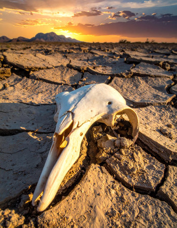 In the fading light of a dramatic sunset, the skull of a bird rests on the parched, cracked floor of a desert.の素材
