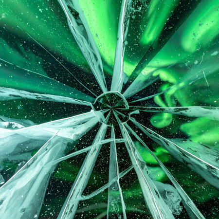 A mesmerizing view from beneath a frozen surface, where radial fractures in the ice capture and refract an ethereal green glow.の素材